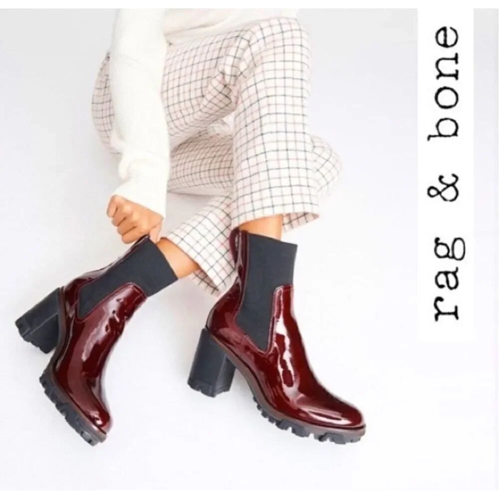 Rag & Bone Shiloh Maroon Red Patent Leather lug sole Boots US 8 / EU 38